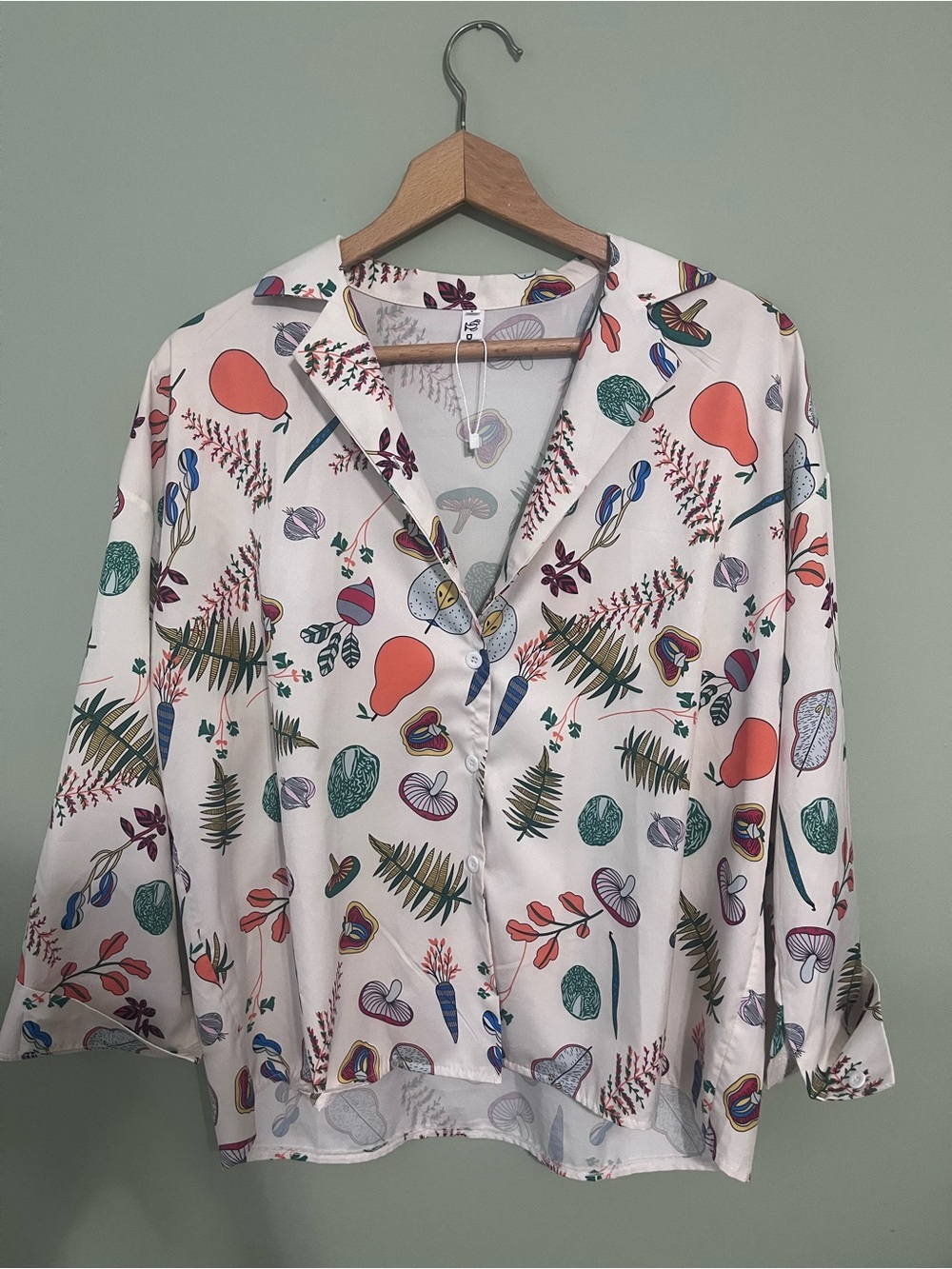Botanical Print Button-Front Blouse in Cream with Coral Accents